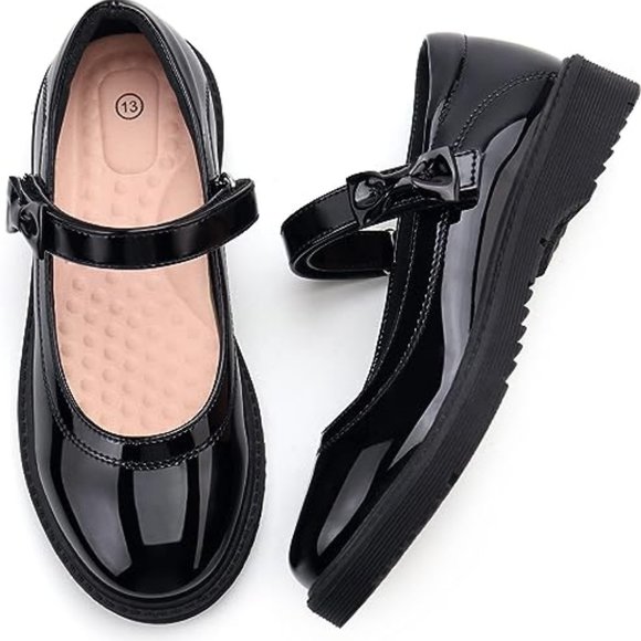 Girls Black School Shoes Bow Oxford Mary Jane Flats - Picture 1 of 4